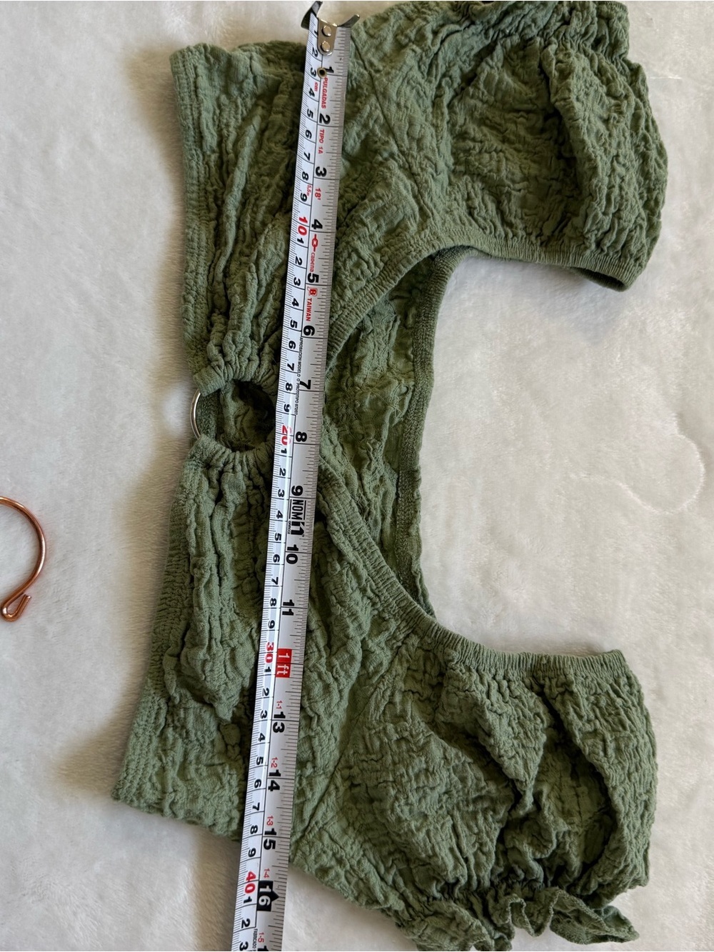 Sage Green Textured Two Piece Beach Set Wrap Skirt Puff Sleeve Top - Picture 9 of 11